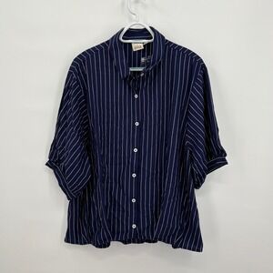 Truth + Style Womens XL Navy Blue White Pinstripe Button Down Short Sleeve Top